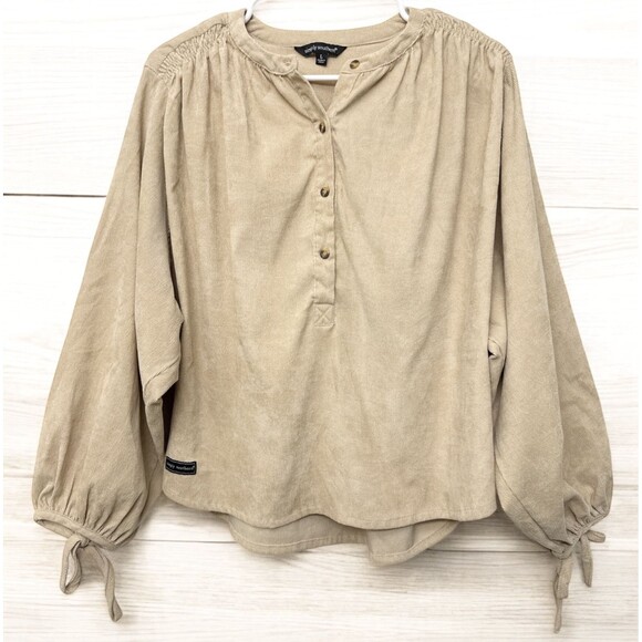 Simply Southern Beige Corduroy Blouse Size LargeBoxy Bubble Sleeves - Picture 1 of 5